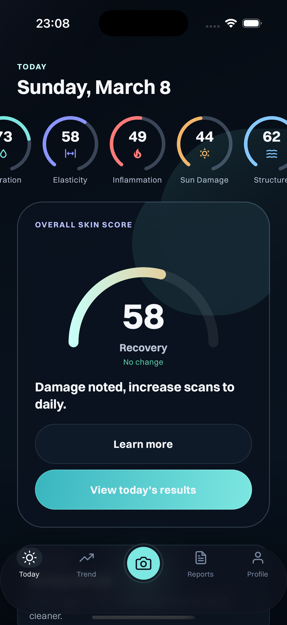 Glowlytics app showing skin analysis dashboard